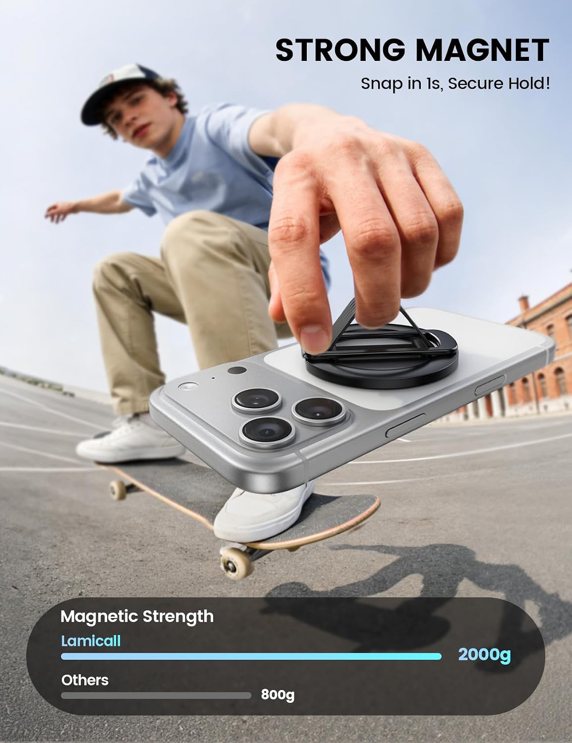 Lamicall Magnetic Phone Grip for MagSafe - Ultra Soft Finger Silicone Loop | Durable Vertical Zinc Alloy Stand Kickstand, Magnet Cell Phone Ring Holder for iPhone 17/16/15/14/13/12 Series & Androids