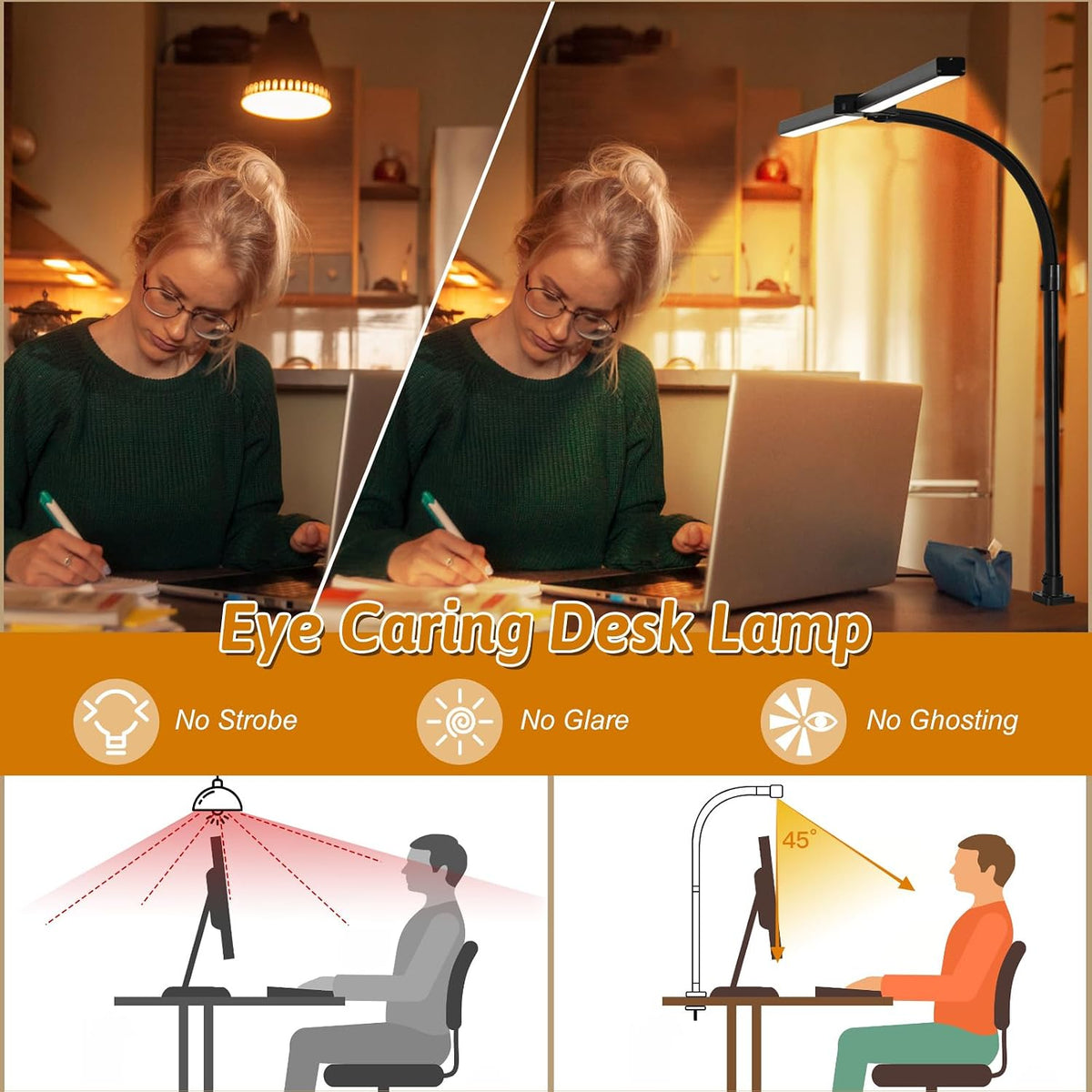 LED Desk Lamp with Clamp, Dual Head Monitor Light, Remote | 24W Dimmable Eye-Caring Task Lamp with Timer, Anti-Glare Cover and Gooseneck for Home Office Dorm, Workbench and Study