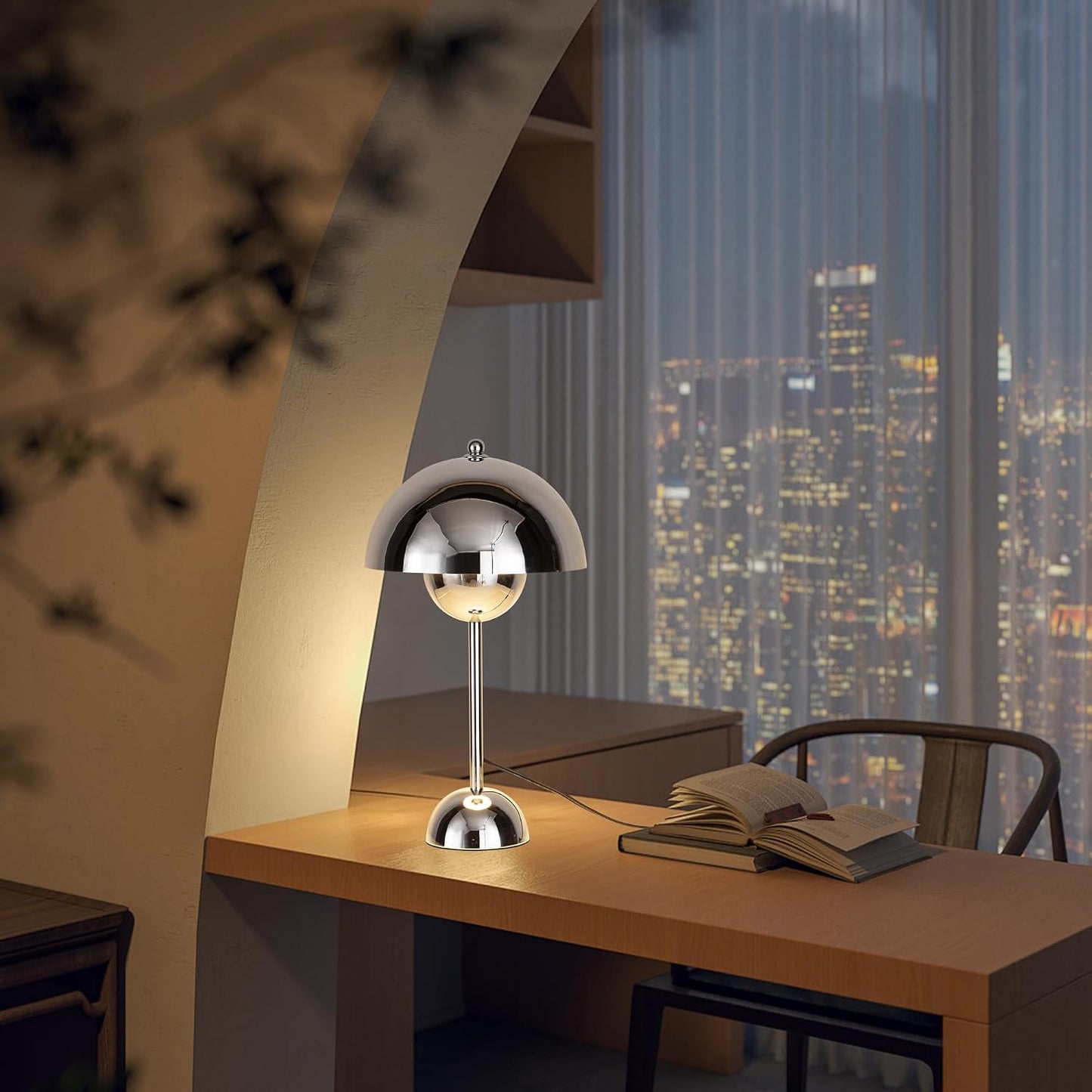COSYLUX Creative Mid-Century Modern Bud Table Lamp, Chrome | Cute nightlight reading desk lamp, indirect lighting, all-metal construction, fits for bedroom, living room, study, office