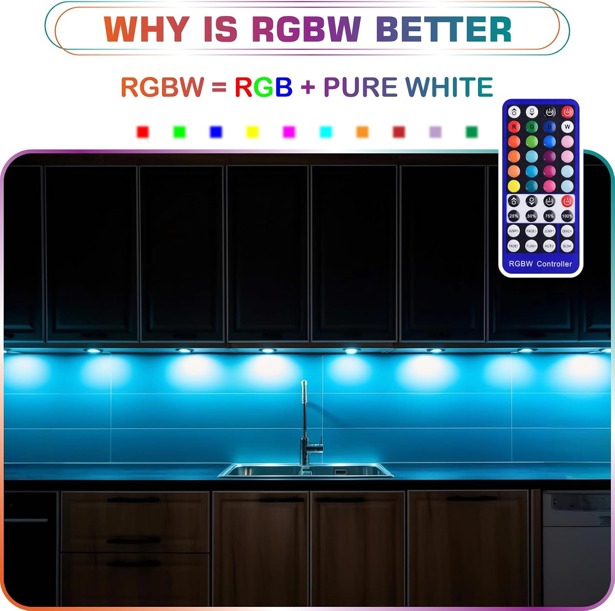 RGBWW Under Cabinet LED Puck Lights Kit Dimmable, 120VAC Plug-in, 4 Lights