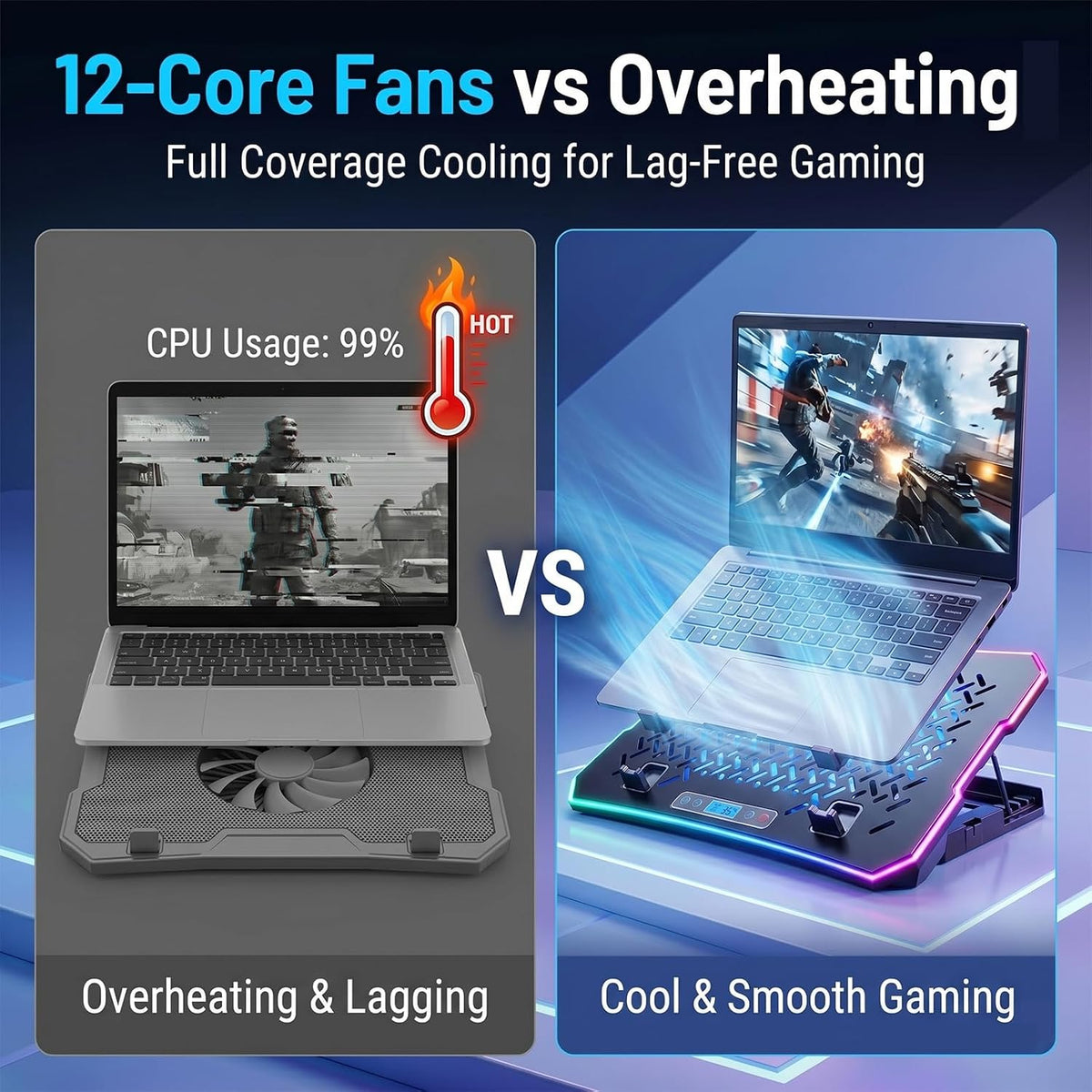 Gaming Laptop Cooling Pad, Laptop Cooler with 12 Quiet Fans, RGB Laptop Fan Cooling Stand with LCD Display, 5-Level Ergonomic Adjustable Mount, Fits 15.6 17 17.3 Inch Laptops, Mac, PC (Black)