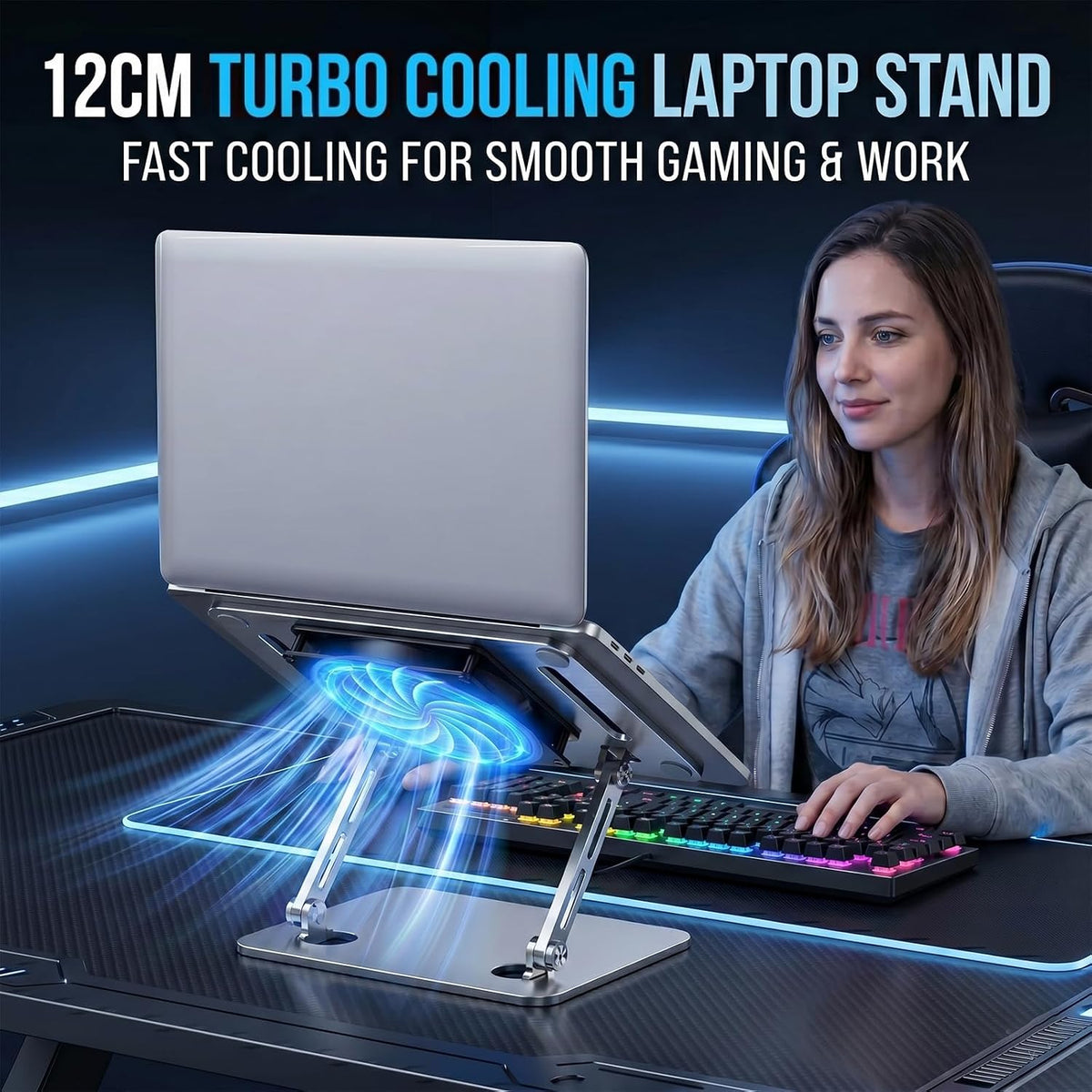 Laptop Cooling Stand with 12cm Turbo Fan, Ergonomic Dual-Axis Laptop Riser with 30cm Height Adjustment & 180° Rotation, 20KG Bearing Desk Stand for 11"-17" Laptops, Tablets, Gaming & Work (Silver)