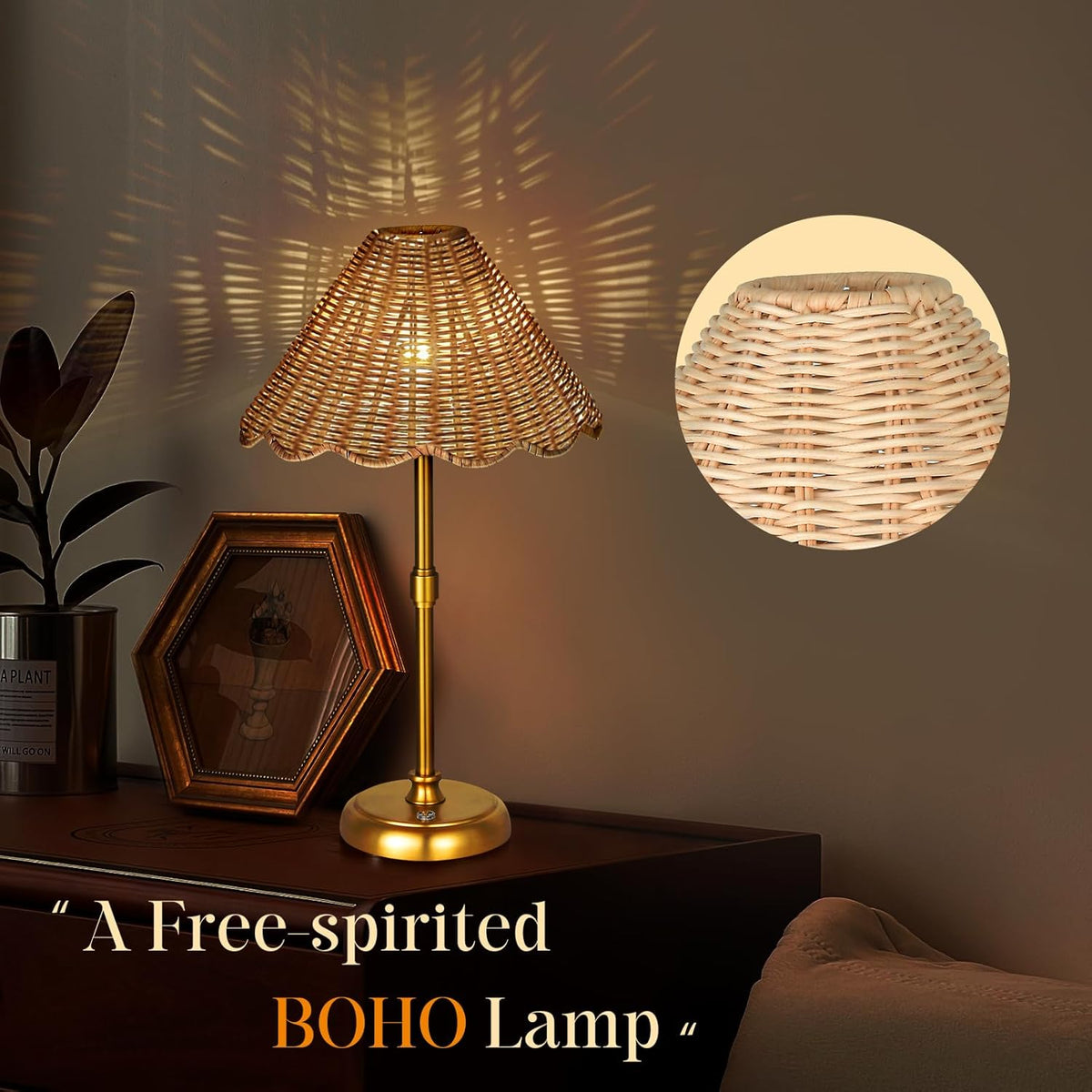Cordless Boho Rattan Table lamp, 5200-mAh Rechargeable Battery, 3-level Brightness Dimmable, Build-in Integrated LED 320 Lumen Max, Rattan Shade, for Bedside Restaurant Resort Hotel Dining Table
