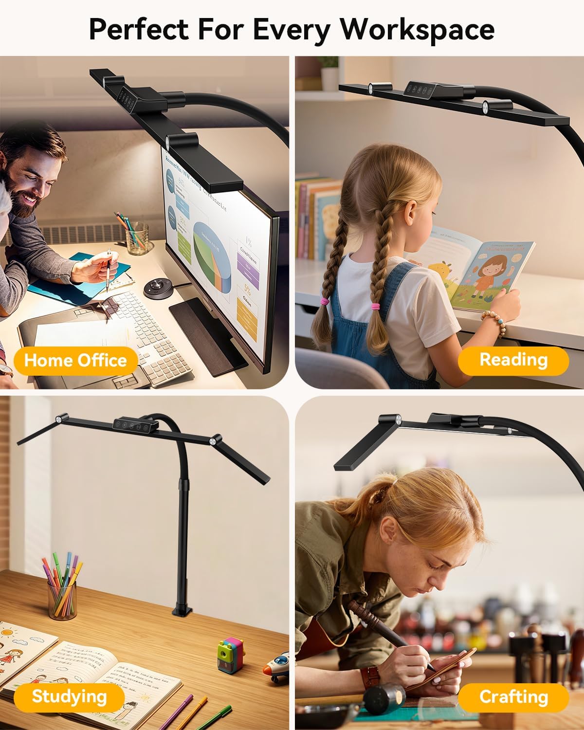 LED Desk Lamp with Clamp, 24W 3-Panel Light for Dual Monitors