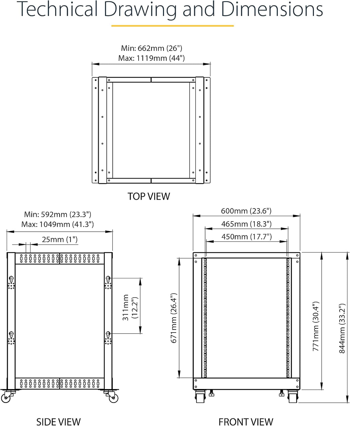 StarTech 15U 4-Post Server Rack, 19in Open Frame Rack with 40in (101cm) Mounting Depth and 1200lb (544kg) Weight Capacity, Mobile or Floor Mount IT Rack
