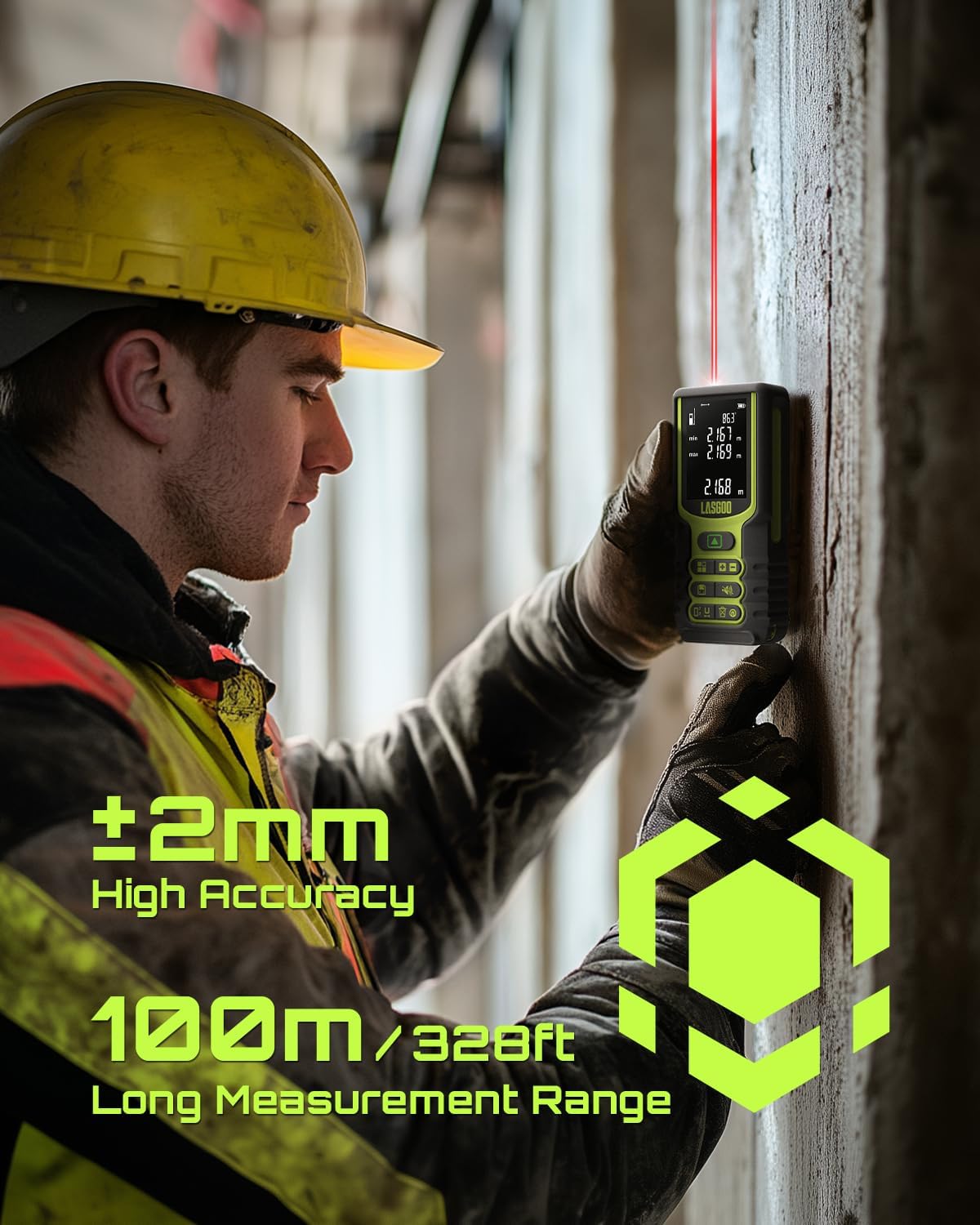 Laser Measure, LASGOO 100m/328ft Laser Measurement Tool, Laser Distance Meter with Angle Sensor, Ft/in/M Units, LCD Backlit Display, Length/Area/Volume/Pythagorean Mode, Battery Included