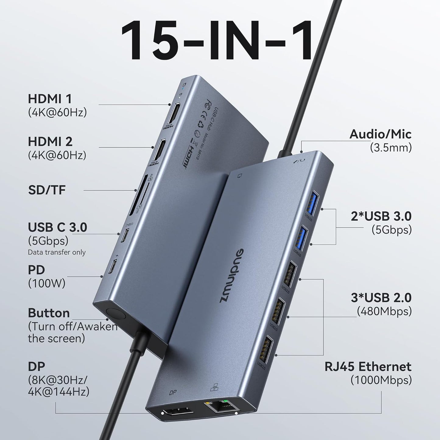 USB C Docking Station Dual Monitor Laptop Docking Station with 2 HDMI DP 8K | 15 in 1 Docking Station 3 Monitors with 100W PD 6 USB A/C Ports Button USB C Hub Multiport Adapter for Dell HP Windows Laptop