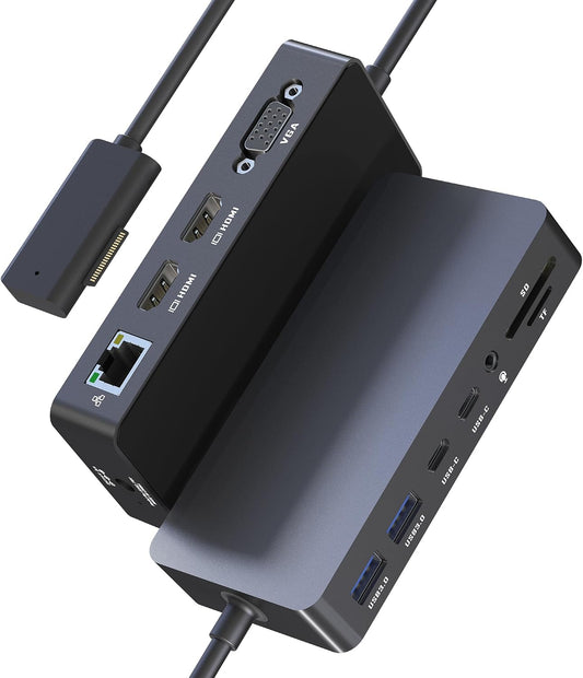 Surface Docking Station, Triple Display Dual 4K HDMI & VGA, 12-in-1 Surface Pro Dock for Microsoft Surface Pro 12/11/10/9/8/7/6/5/4/3, Surface Laptop 7/6/5/4, Surface Go/Book/Laptop Go