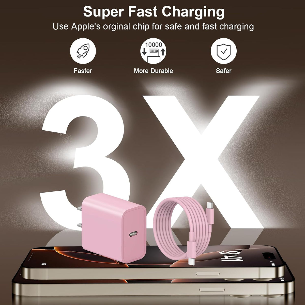 iPhone Duo 18 17 16 15 Charger Fast Charging USB C Charger Block, Pink
