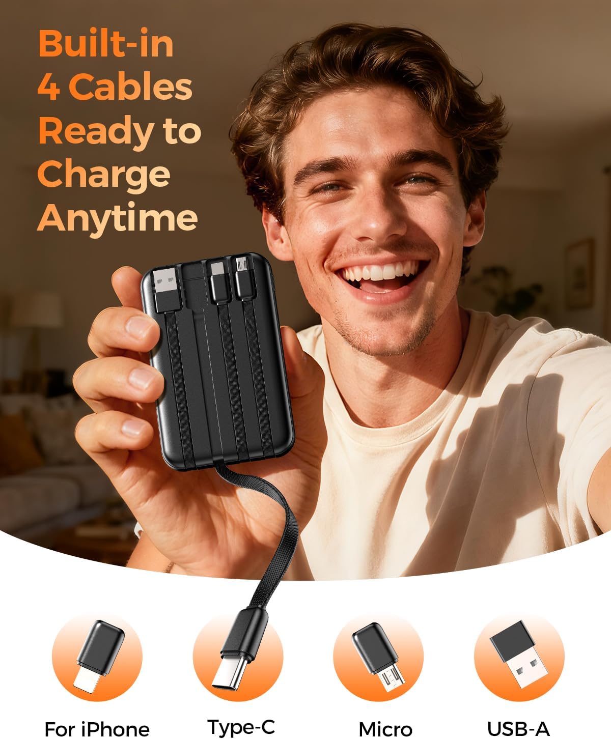 Portable Charger 10000mAh with 4 Built-in Cables 40% Smaller | Power Bank Fast Charging Battery Pack,LED Display Compact with Travel Charger for iPhone Other Devices-Black