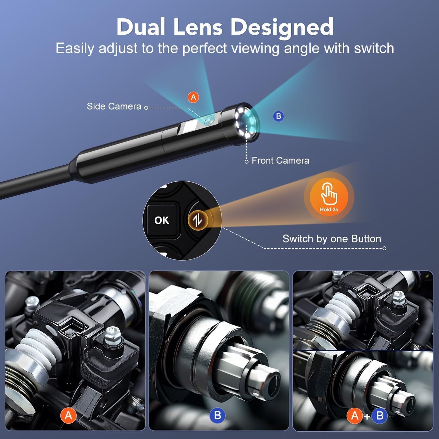 Dual Lens 5" IPS Endoscope Camera with Lights, 1080P Borescope Camera | AukonVee IP67 Waterproof Industrial Snake Camera, 16.5ft Semi-Rigid Cable, Comes with 32GB Memory Card