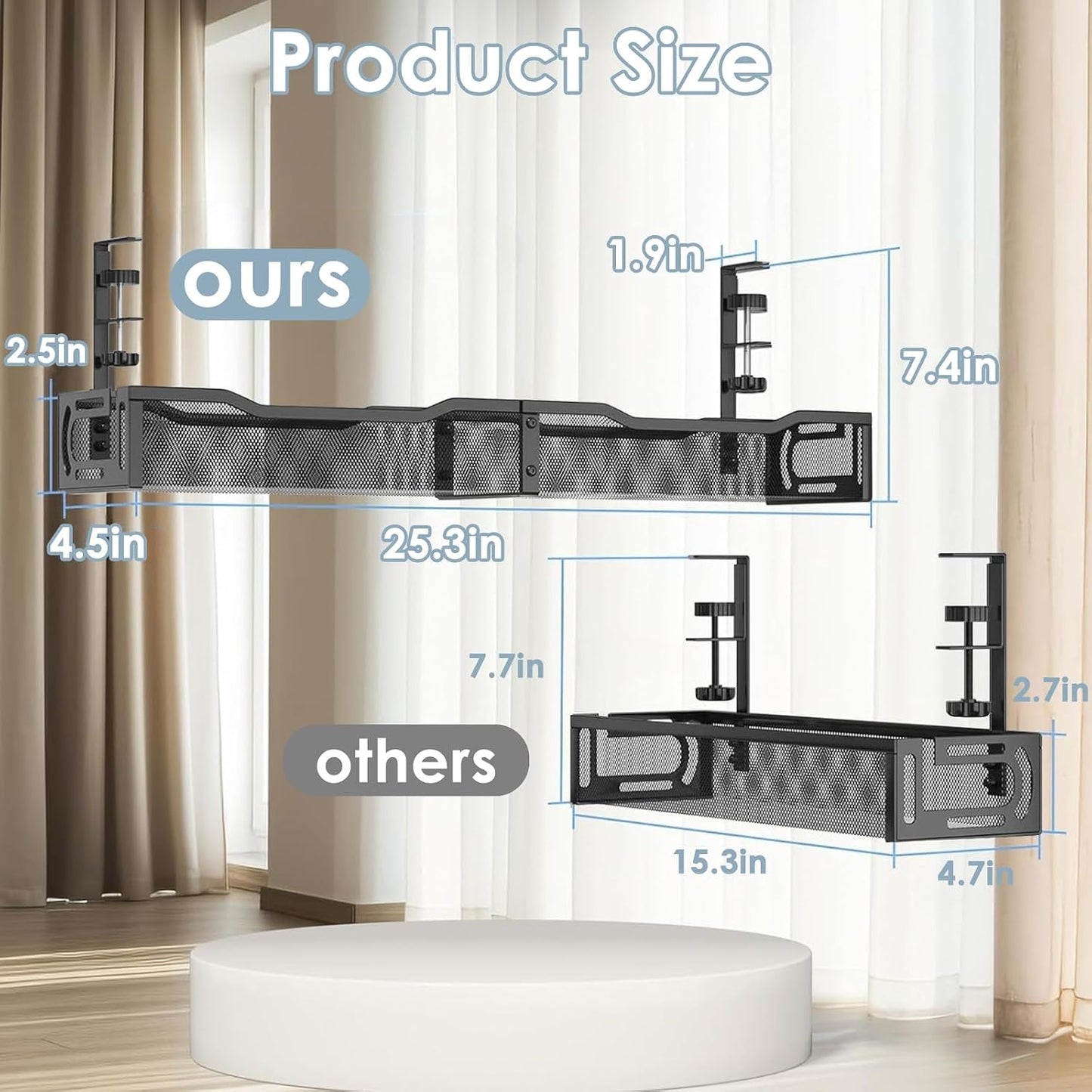 Cable Management, 25'' Cable Management Under Desk, Cable Tray | No Drill Under Desk Cable Management Tray, Cord Organizer with Clamp for Standing Desk, Desk Organizer for Home Office