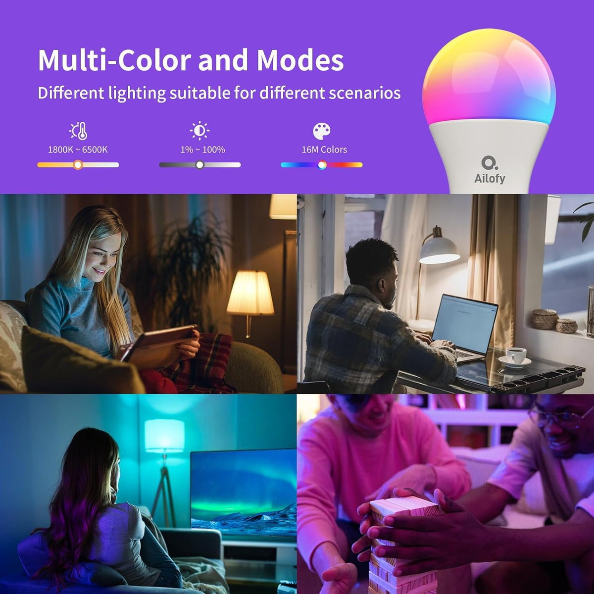 Ailofy LED Smart Light Bulbs, 16M Color Changing Dimmable, Compatible with Alexa & Google Assistant, RGBCW Colored Bulb, WiFi Light Bulbs, A19 E26, 9W 800LM, 1800K-6500K Tunable White, 4 Pack