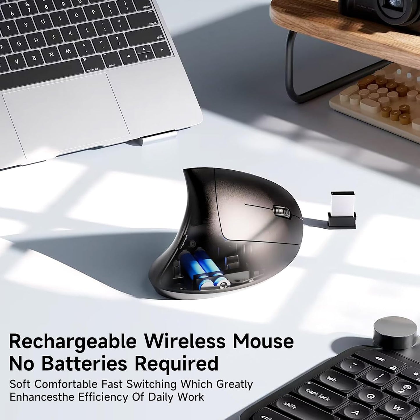 Ergonomic Vertical Wireless Mouse Stylish Rechargeable 2.4G Optical Mice Cordless Mouse with USB Receiver, 800/1200 /1600 DPI, 5 Buttons for Laptop,PC,Mac,Computer (Black)