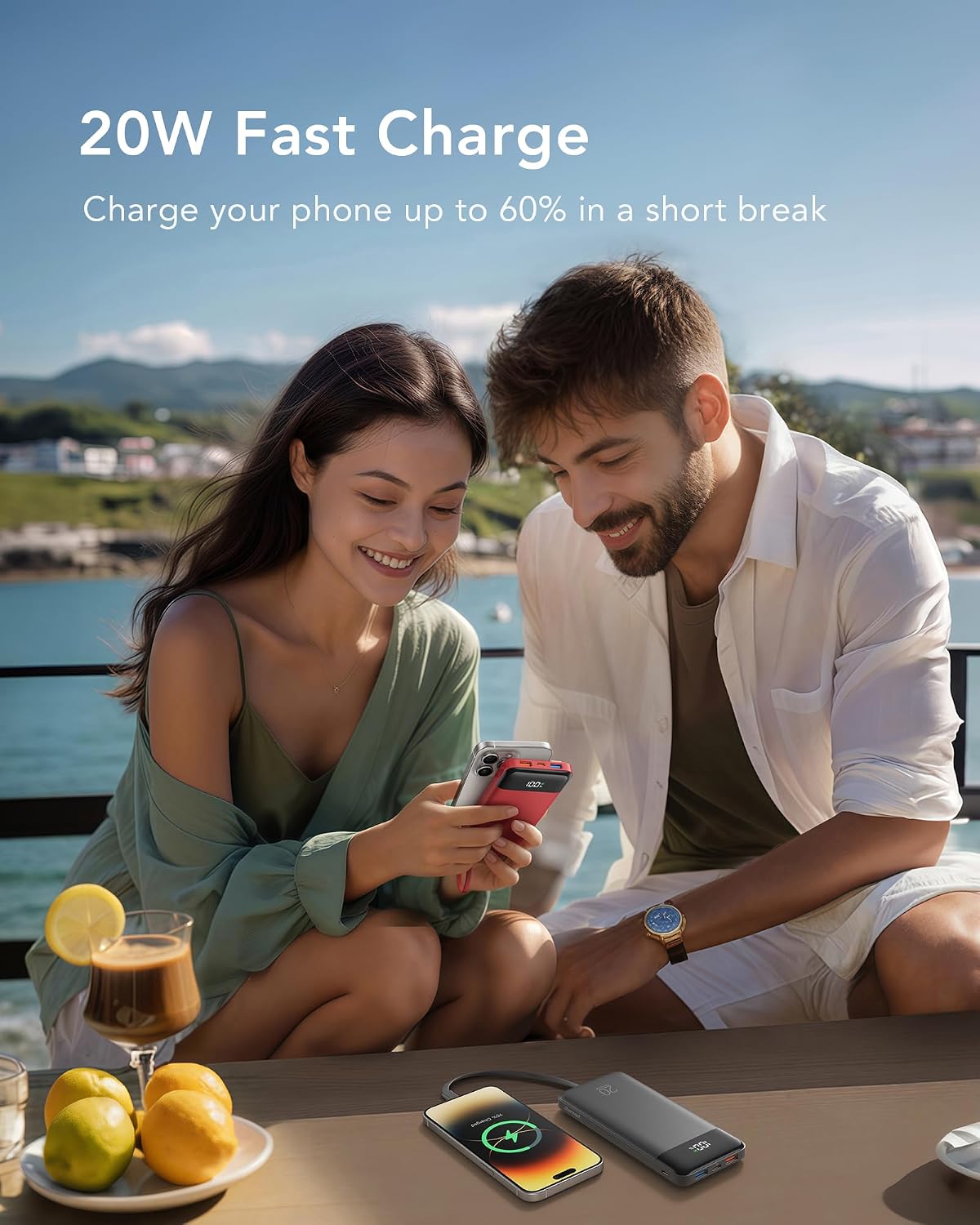 charmast Portable Charger Built-in Cables, 20000mAh Power Bank 6-Output | Travel Fast Charging Battery Pack for iPhone 17/16/15 Samsung Android, Flight-Approved, Multi-Device, USB-C & USB-A, LED %