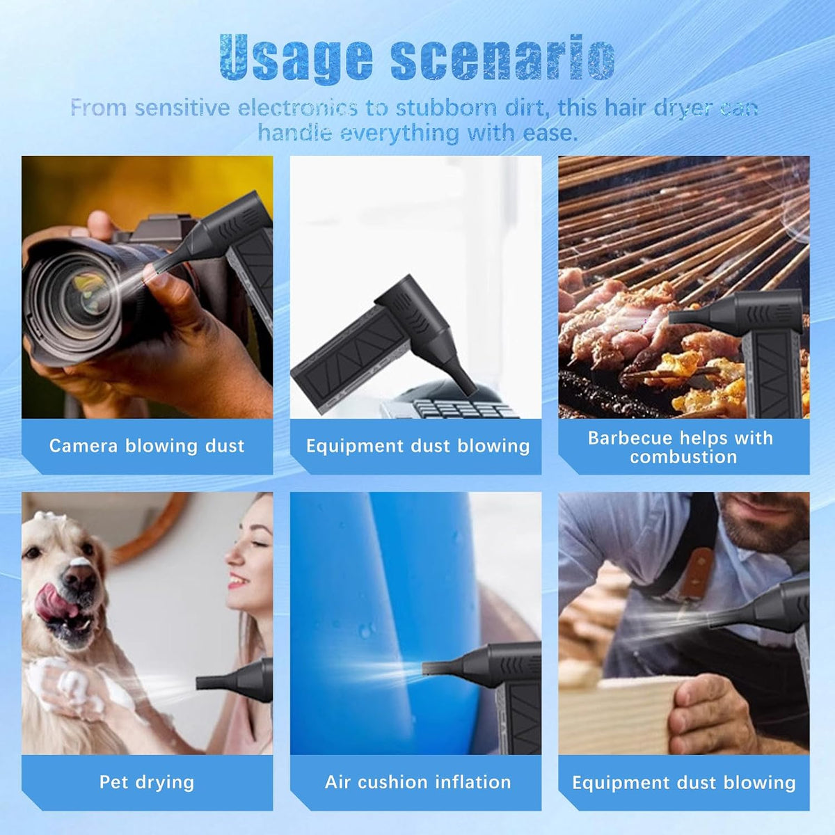 Flylin Turbo High Speed Fan with LED Light Black Box 10Pcs Cleaning Brushes | Cordless electric blowing tool, Adjustable force duster, For computer keyboard home use, Portable air cleaner accessory