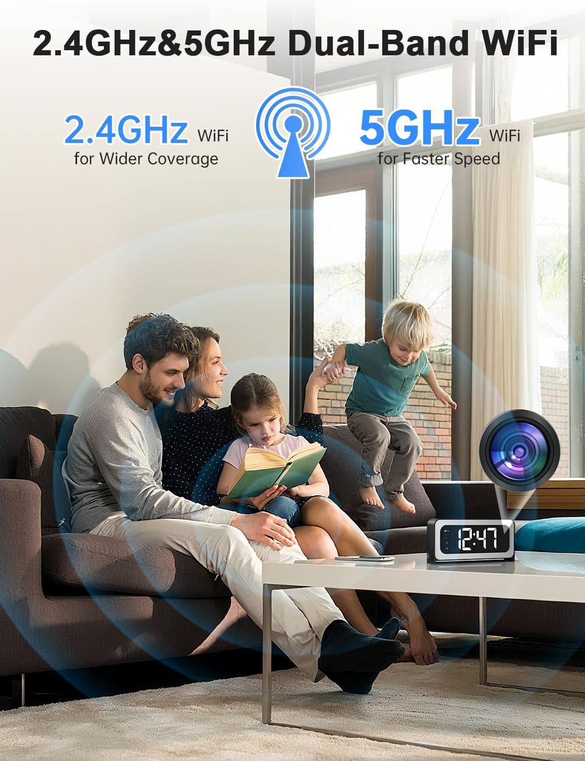 Clock Camera 2K, 5G&2.4G WiFi Indoor Security Camera, Cameras for Home Security, 3 in 1 Baby Camera with Alarm, Rechargeable Battery, pet Camera, Full Color Night Vision, Local Storage