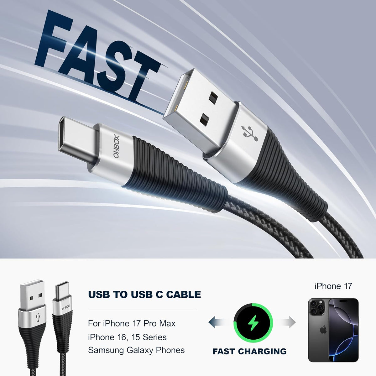 USB to USB C Cable 3FT USB A to Type C Fast Charging Cord 3Pack USB C Cable | Black USB A to USB C Cable Premium Nylon Braided USBC Cord with Carplay for iPhone 17/16/15/Pro/Plus/Max/Samsung Galaxy S26