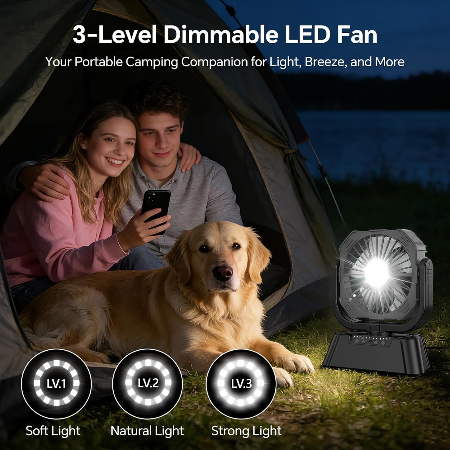 SHJQJJLBCQ 10000mAh Camping Fan, Battery Rechargeable Portable | Auto oscillating, quiet, wireless, remote, 4 timers, light, rechargeable, for camping, tent, RV, outdoor, travel, emergency.