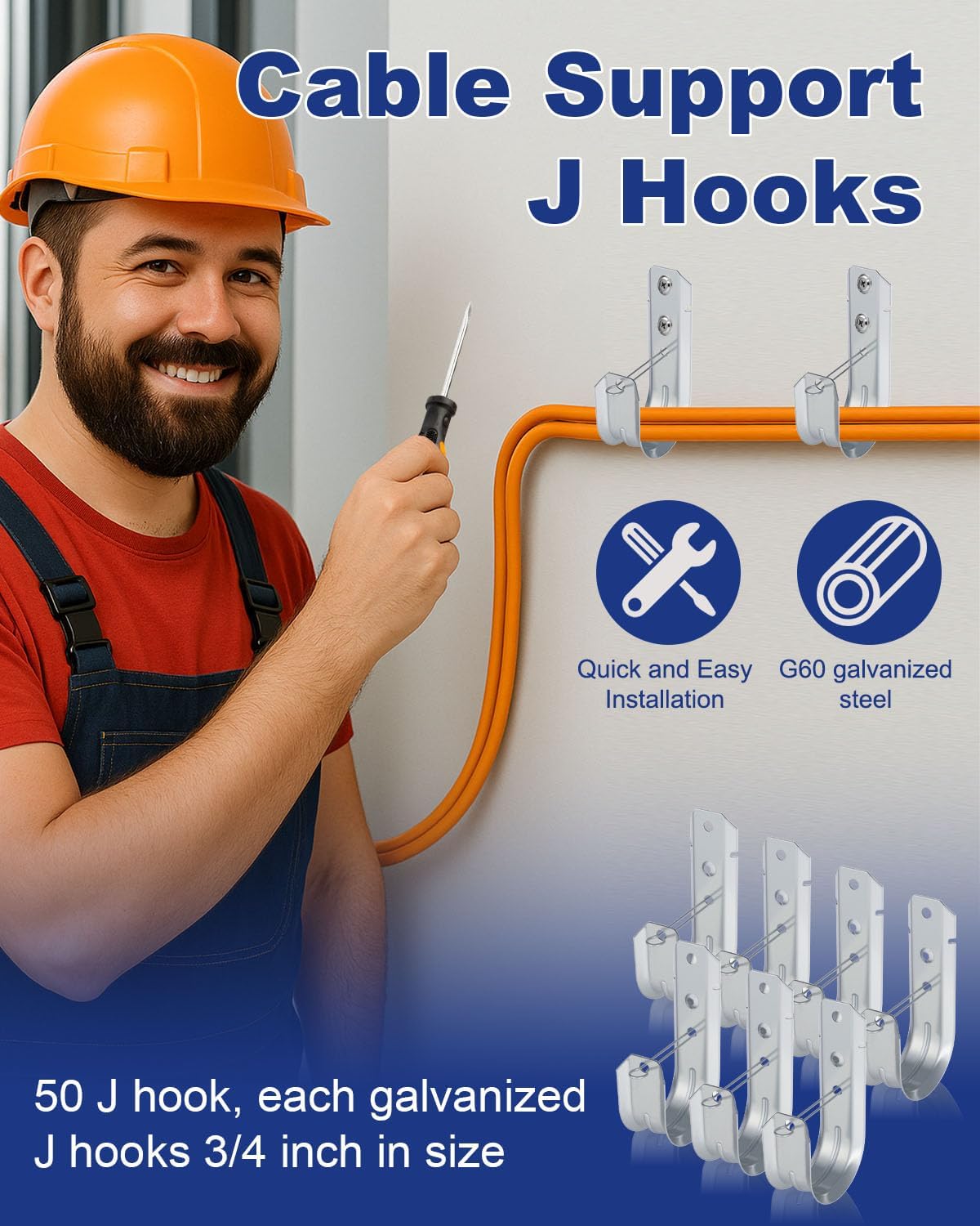 2" 50 PCS Galvanized Steel J-Hooks | Heavy Duty Wall Mount Cable Support J Hook with Retainer Clip for Cable Management