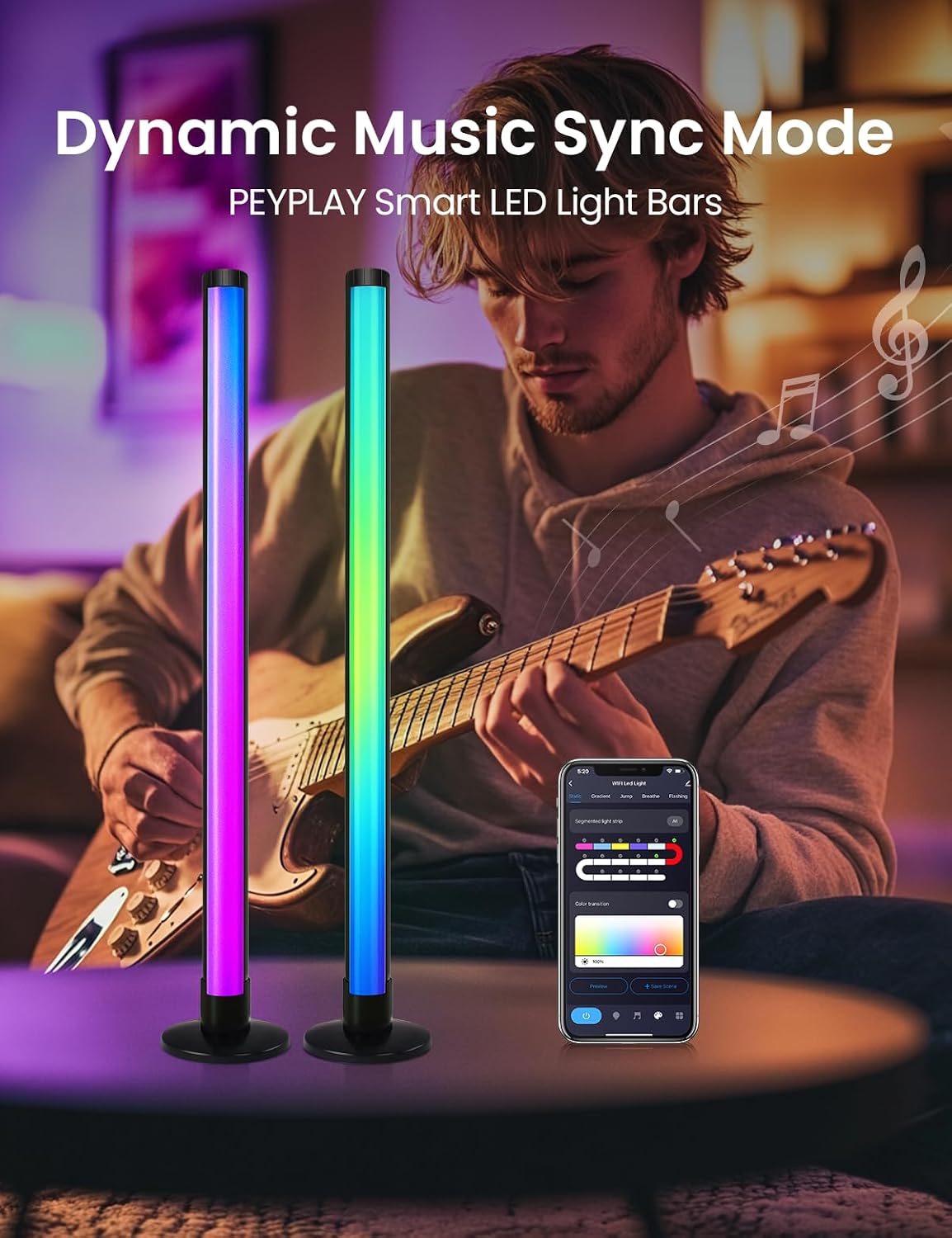 RGB+IC Ambient LED Light Bars for Gaming Room, PC, and Home Décor, USB Powered Mood Lighting with Music Sync, Alexa, App & Voice Control, Adjustable Brightness, DIY Effects