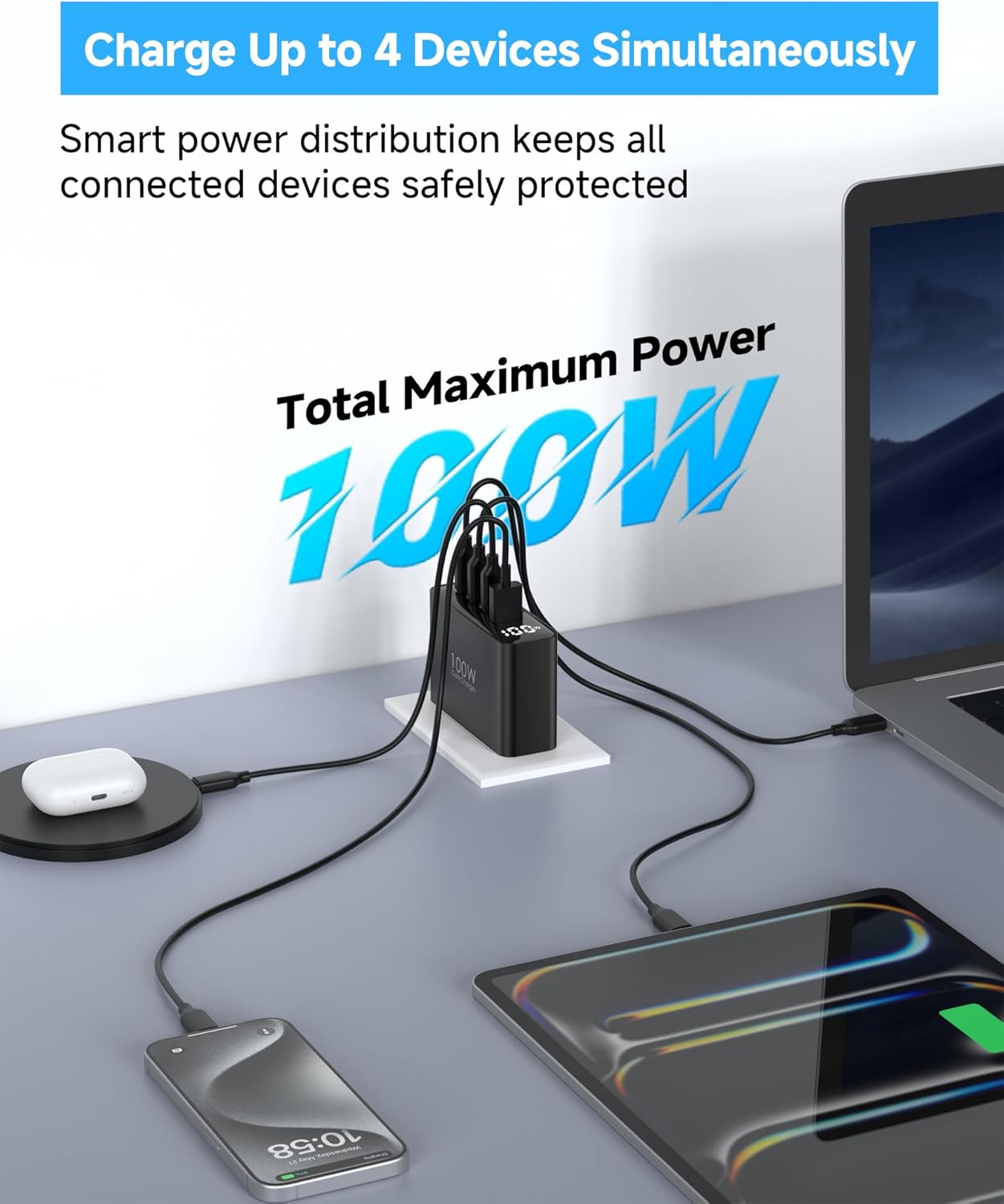 TOPADRE 100W USB C Charger for MacBook，Charger Block with LED Display，Black | GaN Compact Foldable Charging Station for MacBook Pro/Air, iPad Pro, for iPhone 17/16 Pro Max, Galaxy S25