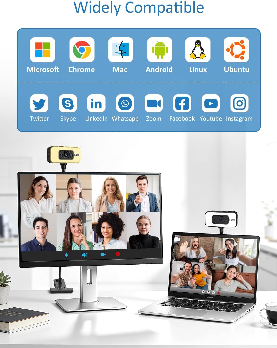 Webcam for PC, 4K Streaming Camera with Light, Web Camera for Desktop/Laptop Computer Webcam with Microphone, Plug and Play USB Web Cam with Bracket, for Video Calls and Meetings (Black)
