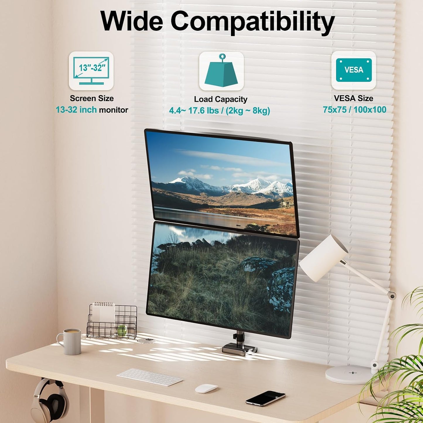 MOUNT PRO Vertical Dual Monitor Mount, Stacked Monitor Stand for 2 Computer Screens up to 32 inches, Full Motion Adjustable Tall Display Desk Mount, Each Arm Holds up to 17.6lbs, VESA Mount