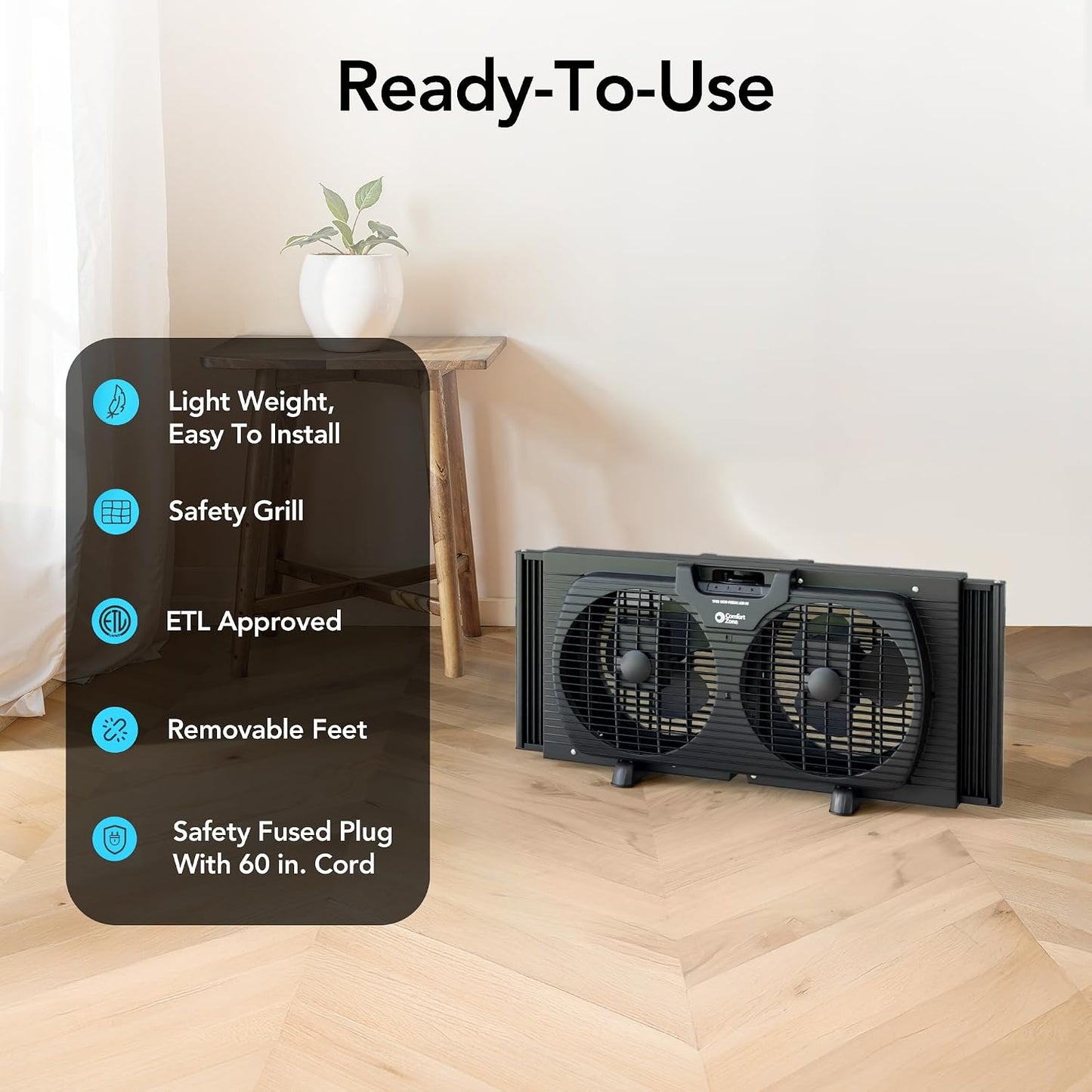 Comfort Zone Window Fan for Bedroom, 9 inch 3 Speed Dual Fans with Auto-Locking Expanders, Window Exhaust Fan, Removeable Bug Screen, Black