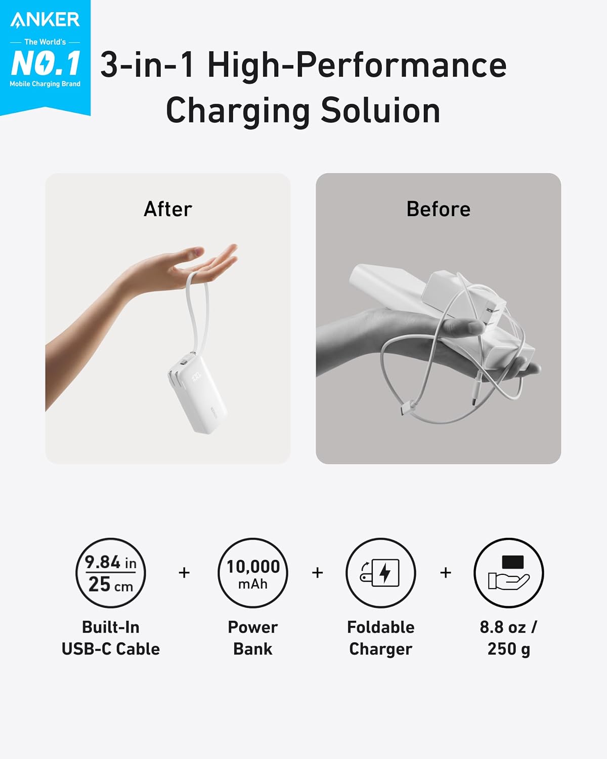 Anker Nano 3-in-1 Portable Charger,10,000mAh 30W Travel Power Bank | Battery Pack with Built-In USB-C Cable and Foldable Wall Plug, for iPhone 17 / 16 / 15 Series (Black)