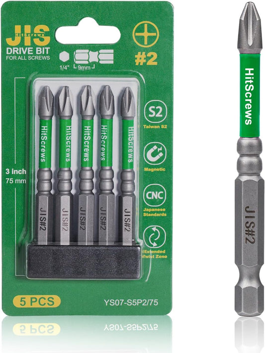 JIS Screwdriver #2 Magnetic Anti-Slip Impact Driver Bits 3 inch - 5 PCS | Japanese Cross Point Bits #2, Anti Cam-Out Taiwan S2 CNC Tip, High Precision Fit Screws For Tamiya RC, Shimano & Electronics