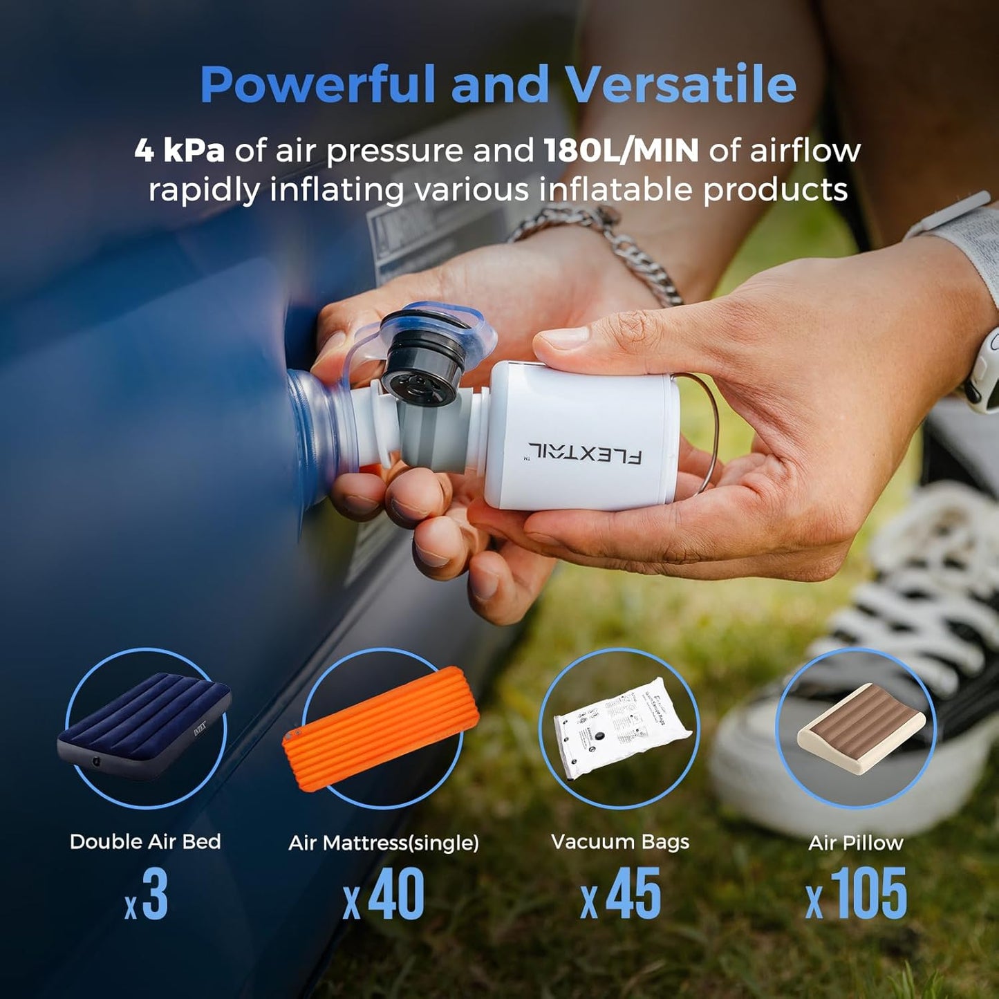 FLEXTAILGEAR Portable Air Pump with Camping Lantern Tiny Pump 2X 4kPa Air Pump for Inflatables Rechargeable Air Mattress Pump with Magnetic Design for Sleeping Pads, Pool Floats, Swimming Rings(OG)