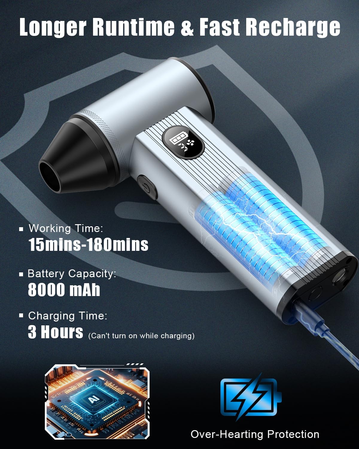 Compressed Air Duster with150,000RPM Brushless Motor, 8000mAh Battery, LED Light, 4-Gear Adjustable Electric Air Blower for Home, Car, Computer, Outdoor, Camera Len