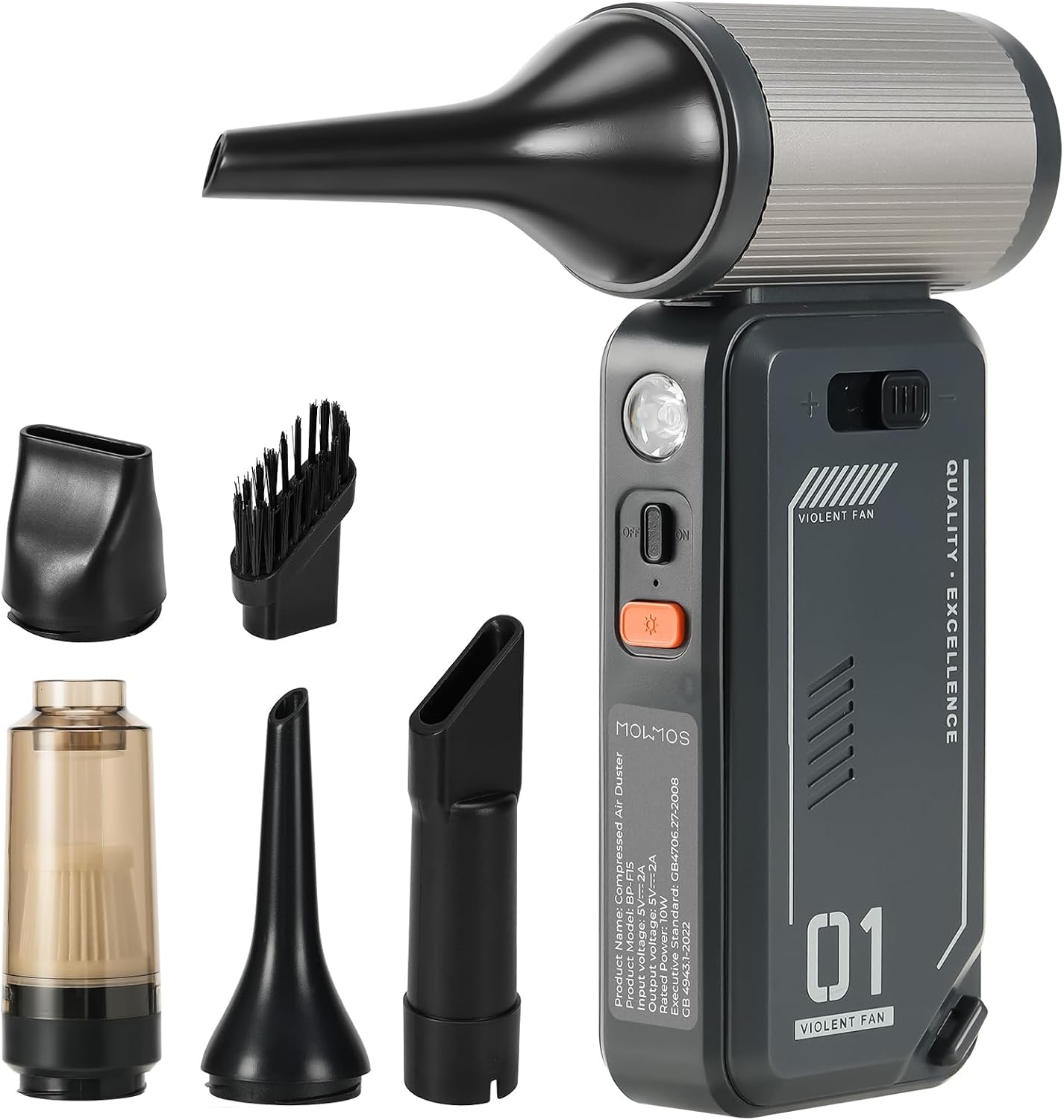 130,000 RPM Rechargeable Compressed Air Duster, Black | Stepless airflow, LED work light and 4 attachments for keyboards, computers, cars and narrow spaces