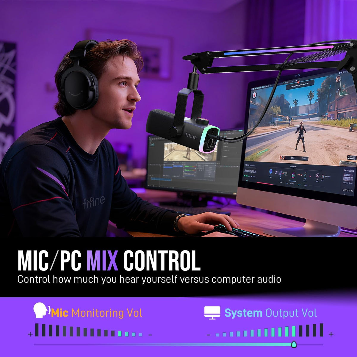 FIFINE AmpliGame AM8PROT Gaming Microphone Kit, XLR/USB Dynamic PC Mic | Streaming Mic Set with Boom Arm, RGB, Tap-to-Mute, Mix Control, Headphone Jack, Volume Knob for Podcast Recording