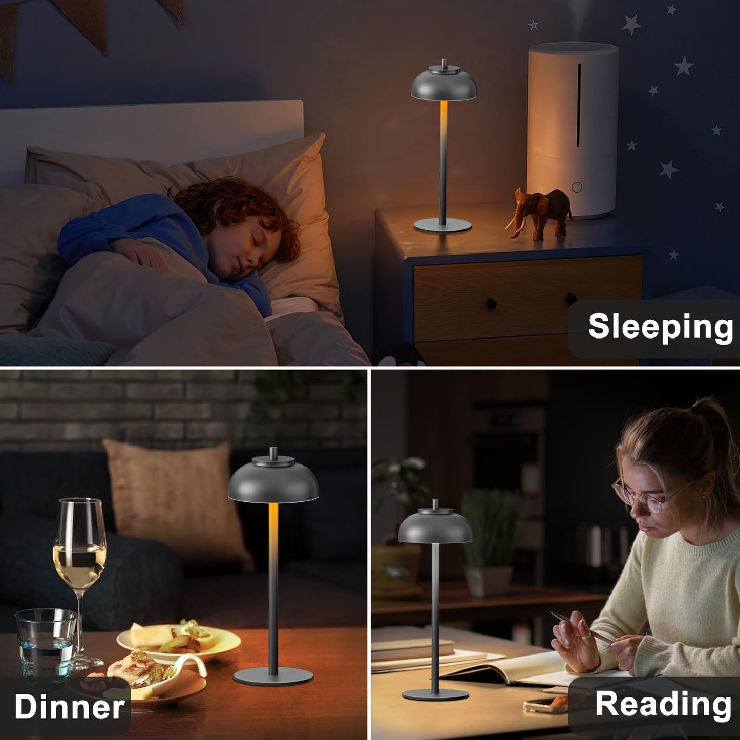 Cordless Table Lamps, Rechargeable LED Touch Lamp, Black, 2 Pack | Waterproof, 5000mAh battery, 3 color temperatures, 10-100% touch dimming, for patio, table top, dinner, restaurant, home bar