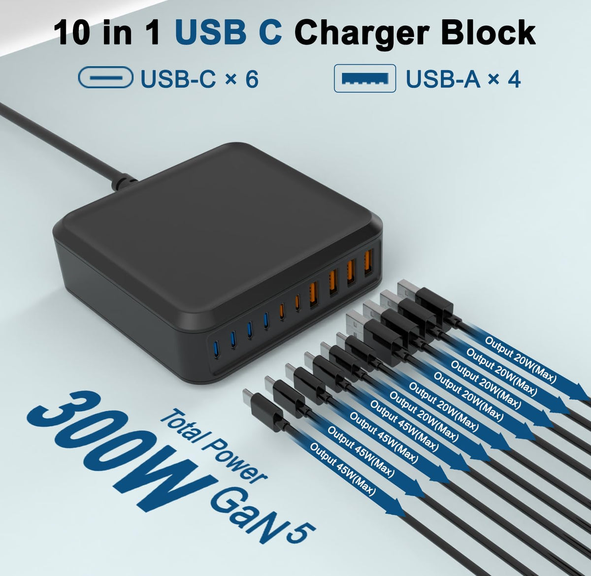USB Charger Station,10 Port USB C Charger Block with 6FT/10FT Cables,300W GaN Type C Charging Hub iPhone Charger Fast Charging for iPhone 17 16 15 Pro Max Plus,Galaxy S25 S24 S23,iPad Pro/Air,Tablet
