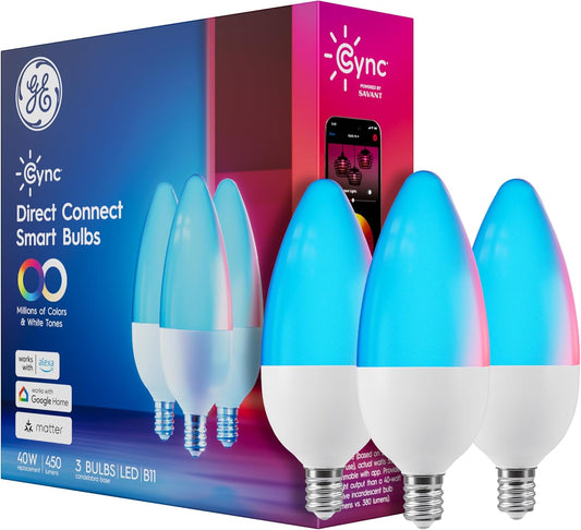 Cync GE Color Changing Smart Candelabra LED Bulbs, WiFi, 3 Pack | Matter compatible, works with Alexa &amp; Google Home, color changing, chandelier &amp; accent lighting, no hub needed, 3 pack