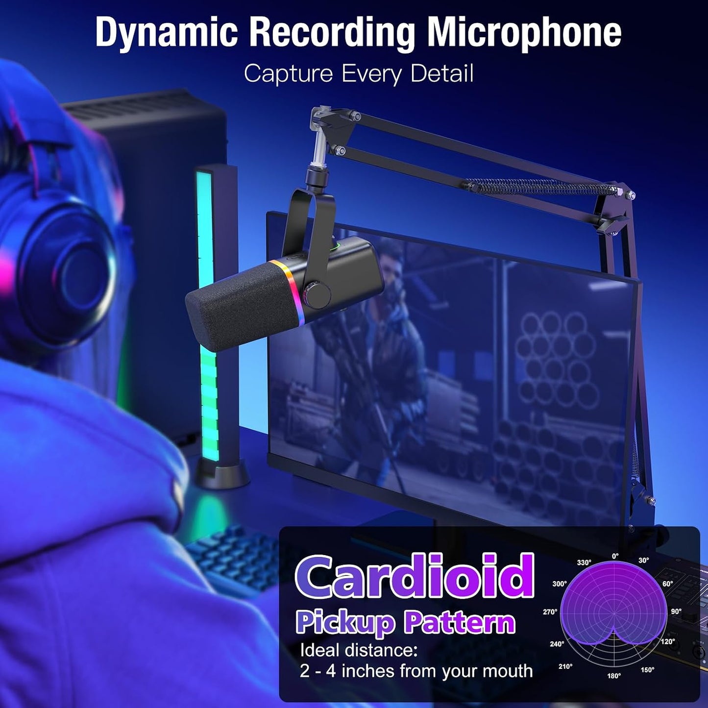 ZealSound USB/XLR Dynamic Microphone with Boom Arm, Podcast Gaming Mic for PC, Mac, iPhone, USB-C & Lightning, RGB Light, Touch Mute, Gain Control, Headphone Monitoring for YouTube TikTok Streaming