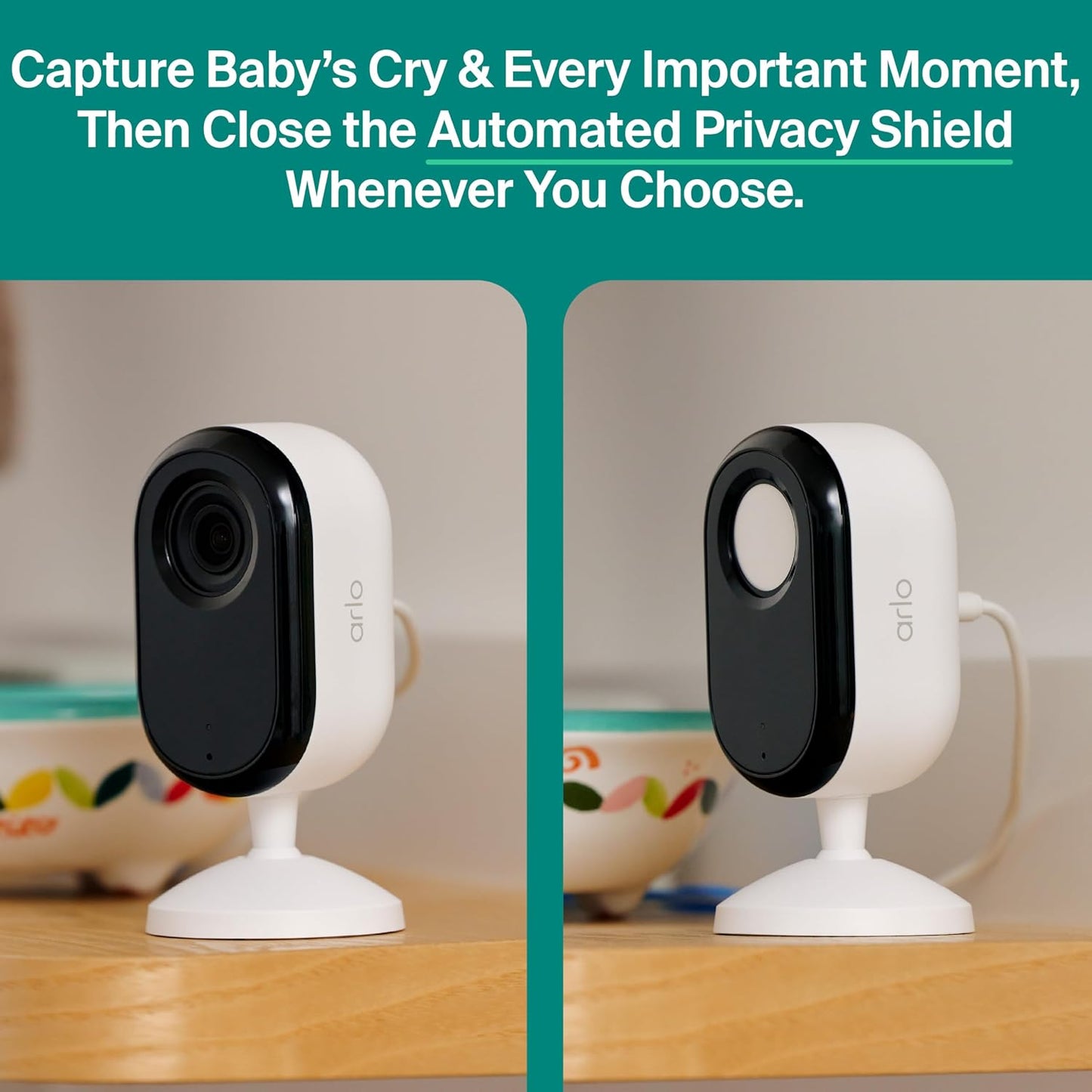 Arlo Essential Indoor Baby Camera 2K (3rd Gen) - Privacy Shield, 2-Cam | 2K baby & kid surveillance camera; Wired power; Privacy shield; Person detection; Night vision; 1-mo Secure plan incl.