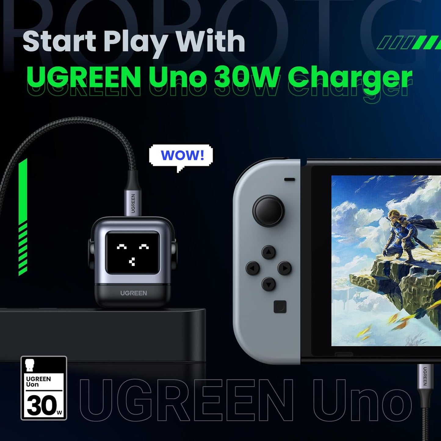 UGREEN Uno 30W USB C Charger Block, Compact Robot GaN Fast Charger for iPhone 17, Gifts for Women Men, Compatible with iPhone 17/16/15, Galaxy S26/S25/S24, Pixel 10/9/8, iPad, MacBook Neo/Air, Black