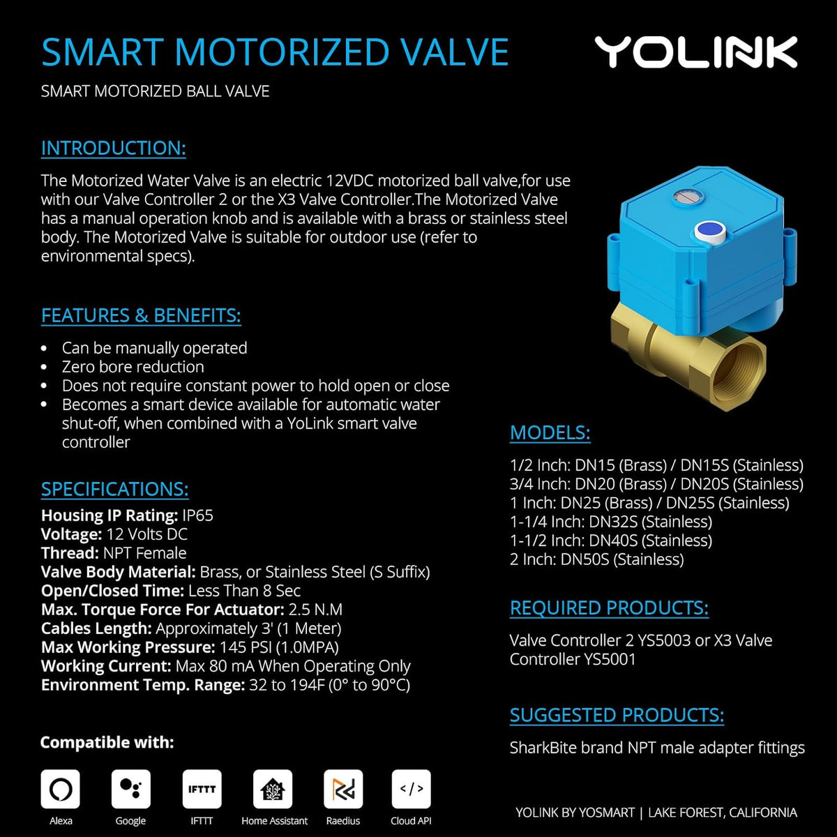 YoLink Wireless Smart Valve Control Kit, 3/4" Brass Motorized Valve, Wireless Controller 2, LoRa Long Range, D2D Offline with Leak Sensors, 12V Adapter with 2 Years Battery backup