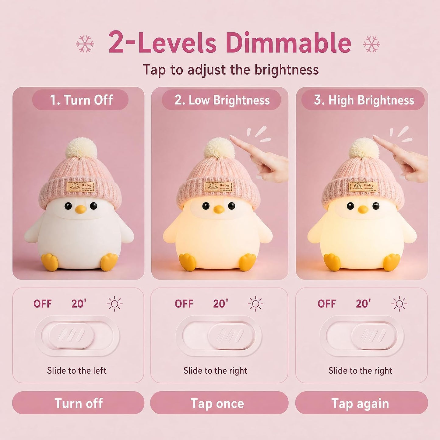 Penguin Night Light for Kids, Squishy Silicone Nursery Lamp | Tap Control, 2 Brightness, 20-Min Timer, 3000K Warm LED, BPA-Free Silicone, Nursery Decor, Gift for Kids
