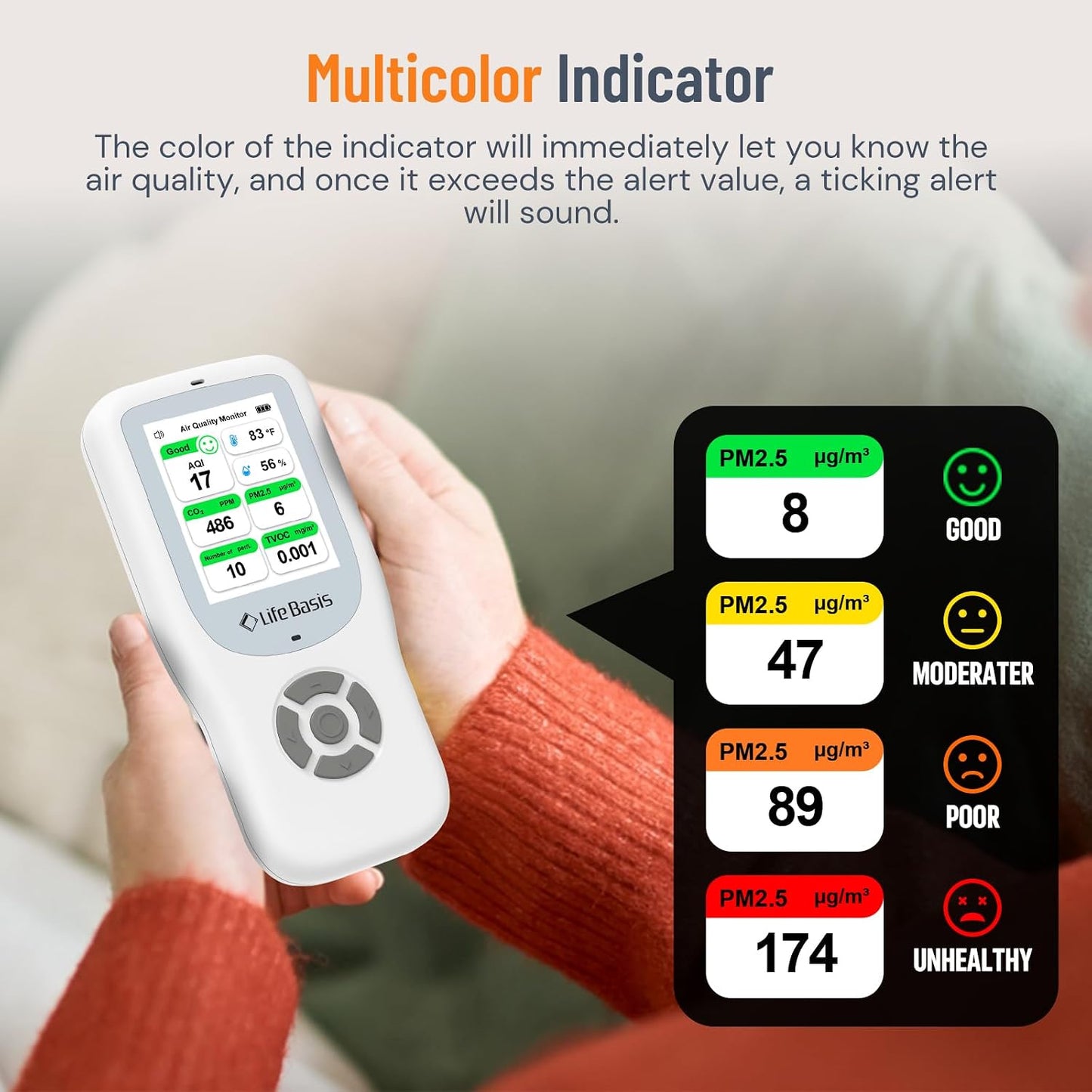 LifeBasis Air Quality Monitor Indoor, 11-in-1 Air Quality Detector with Stand, Air Meter Test AQI, PM1.0, PM2.5, PM10, CO2, TVOC, HCHO, Particles, Temperature and Humidity with Alert