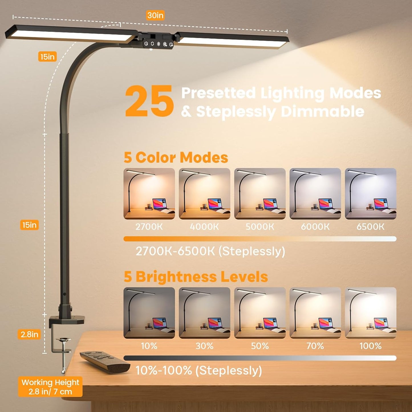 SIBRILLE Upgraded LED Desk Lamp for Home Office with RGB, Rotatable Computer Desk Light with Remote, Tall Table Lamp with Clamp for Working, Dimmable Dual Head Task Lighting for Monitor PC, 22W