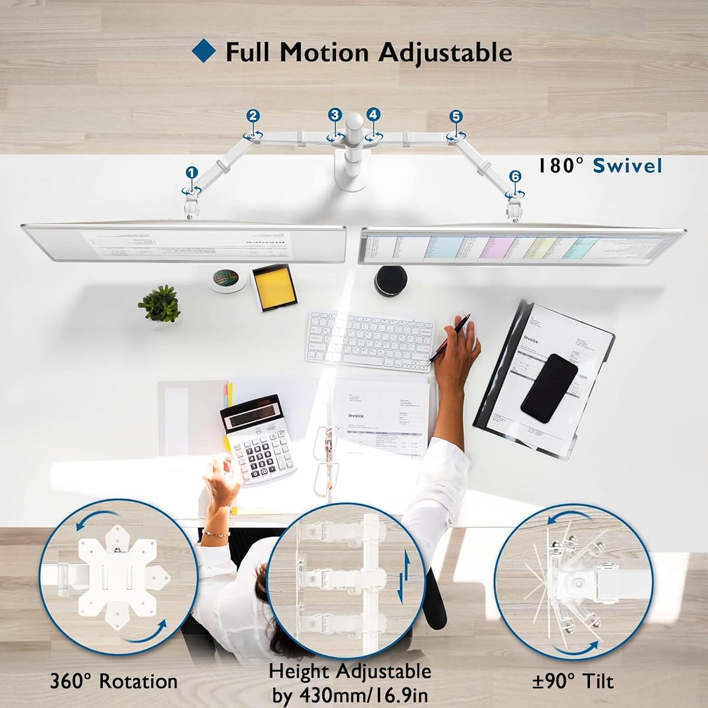 BONTEC Dual Monitor Desk Mount, 13-27 Inch, 22lbs, VESA 75x75/100x100,White | Full Motion Adjustable Stand, Heavy Duty Arms, C Clamp and Grommet Base, Cable Management for Flexible Screen Positioning
