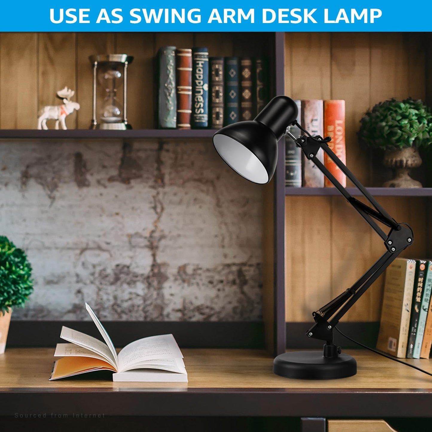 TORCHSTAR Metal Desk Lamp, Adjustable Swing Arm, E26, Black | Architect Gooseneck Multi-Joint Clip Table Lamp with Plastic Clamp, for Home Office, Work, Study, Reading, Bulbs not Included