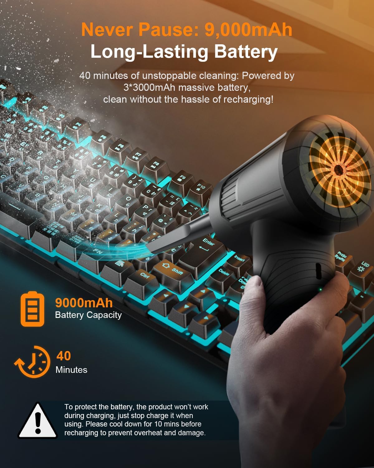 11-in-1 Compressed Air Duster-3-Gear Adjustable 120000 RPM Electric Air Duster with LED Light, Reusable no Canned Keyboard Cleaner for Office, 9000mAh Cordless Air Duster for Computer/Car/Home (Black)