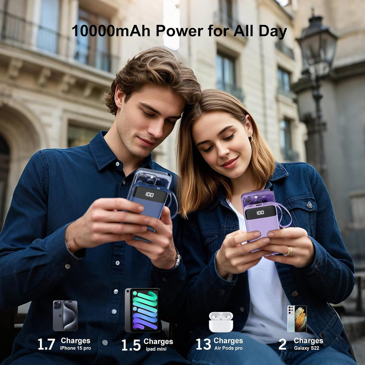 Portable Charger Built-in Cables,10000mAh Fast Charge Power Bank for iPhone | LED display, 0.64in Ultra Slim, Charge 5 Devices at Once, TSA Approved Travel Essential for iPhone/Samsung/iPad/Android