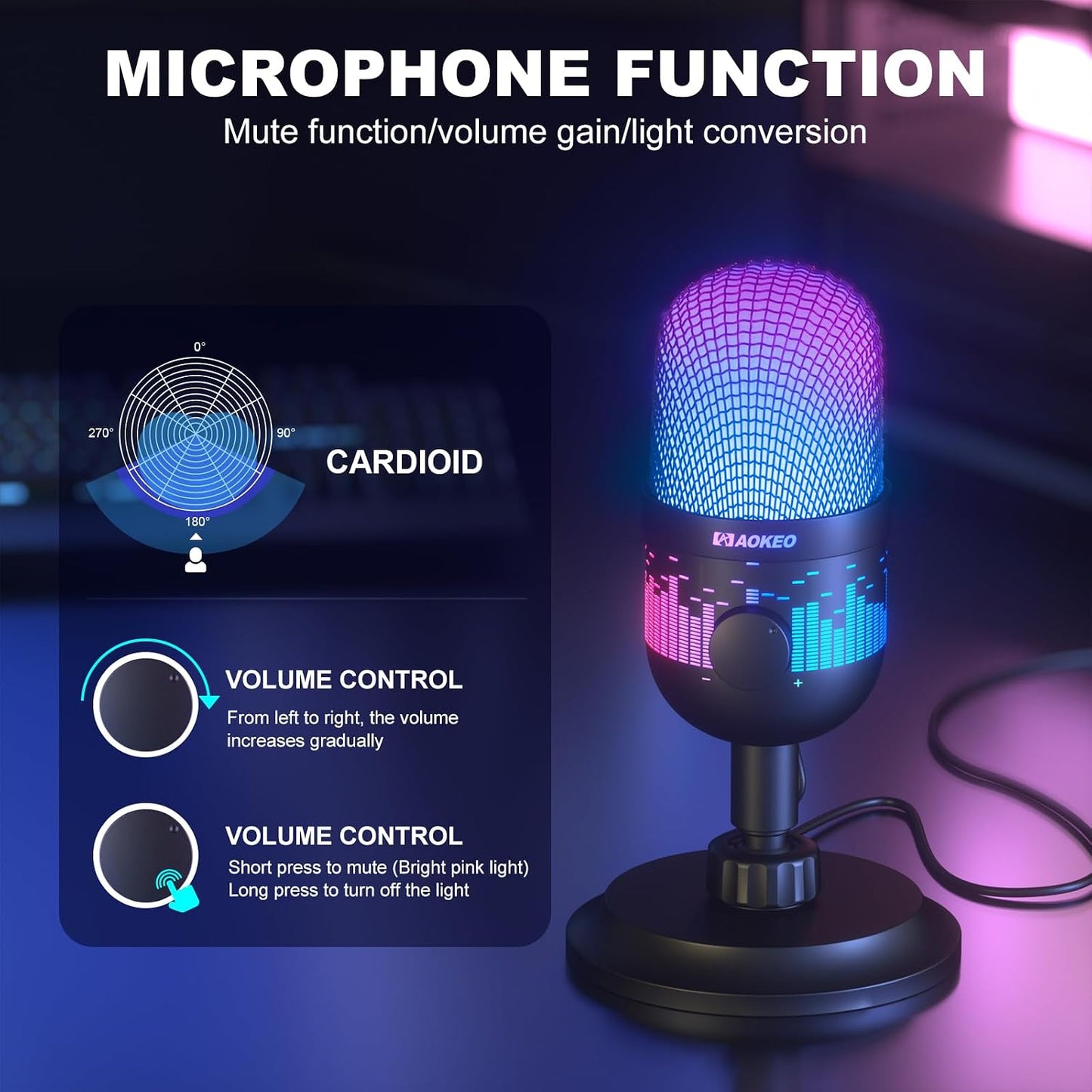Aokeo Gaming Microphone, USB Computer Microphone for PC, Mac, PS4/5, Condenser Podcast Mic for Studio Recording, for Streaming Podcast YouTube, with Led Light